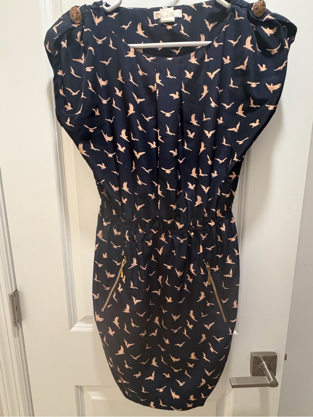a'gaci Navy Blue Mini Dress with Pink Bird Print